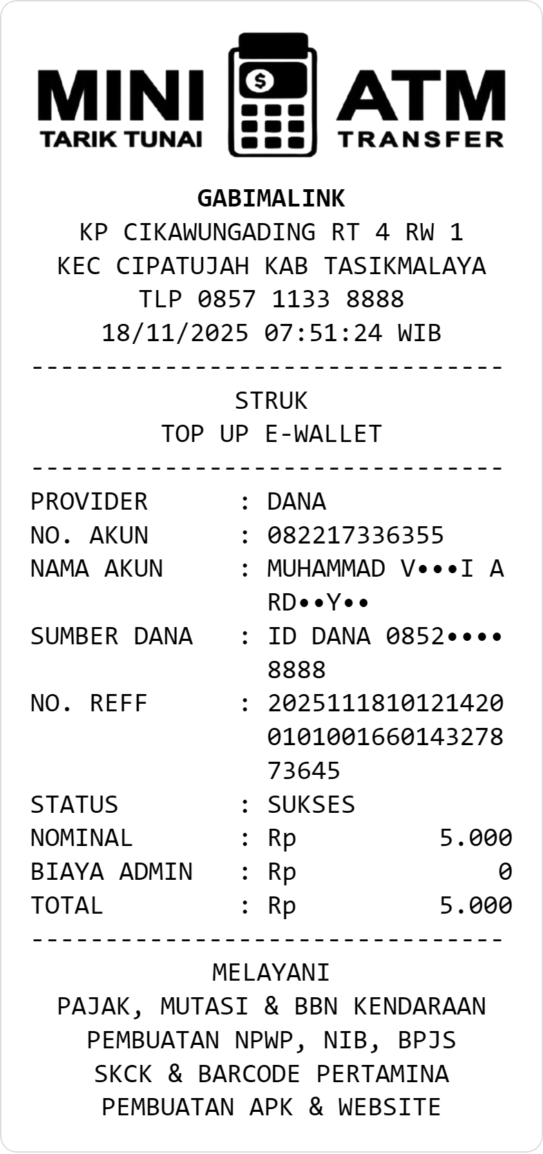 Contoh Struk <i>E-Wallet</i> (DANA)