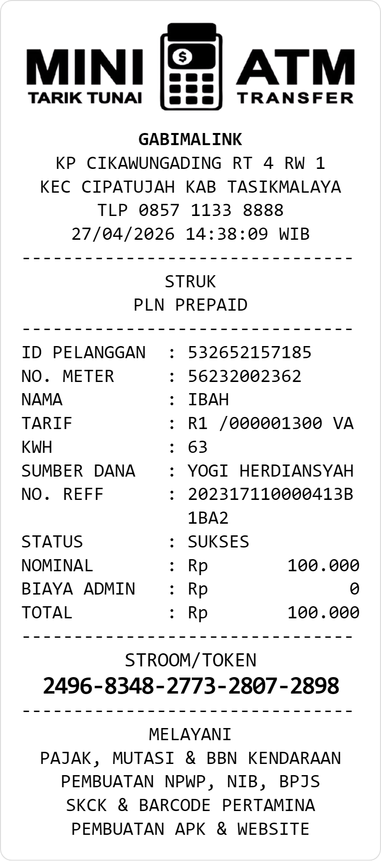 Contoh Struk PLN <i>Prepaid</i>